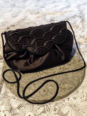 Vintage Sassy Black Satin Beaded Scallop Evening Bag